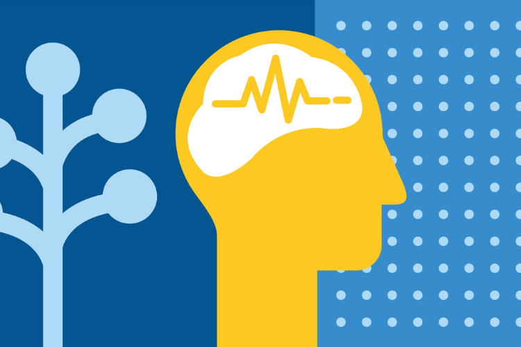 An illustration of a head in yellow in side profile, against a blue background. there is a white outline of a brain inside the skull with a yellow electrical impulse running through it. To the left of the head is a light blue tree against a darker blue background. To the right are pale blue dots on a darker blue background