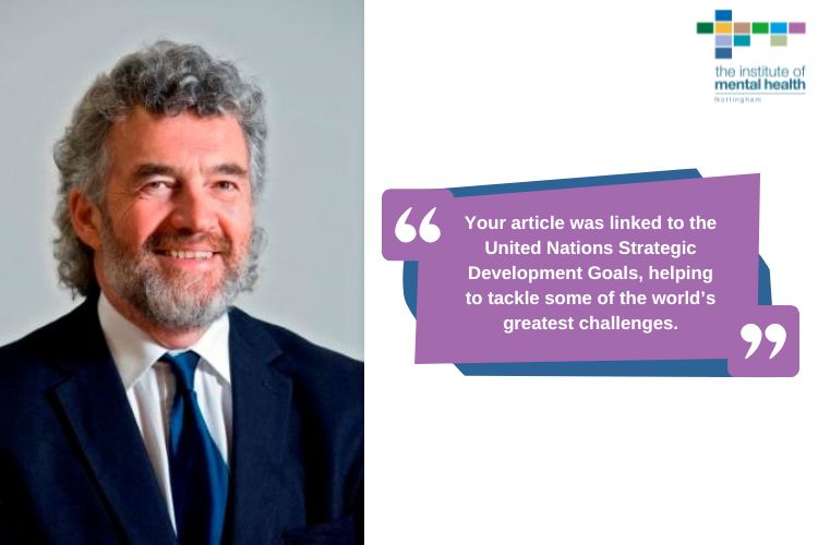 To the left is a picture of Prof Eddie Kane. To the right is the Institute of Mental Health Logo. Beneath that a quote from Elsevier congratulating Eddie on his publication.