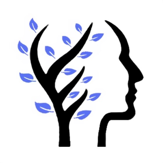 Outline of a head where one side looks like a tree branch with blue leaves