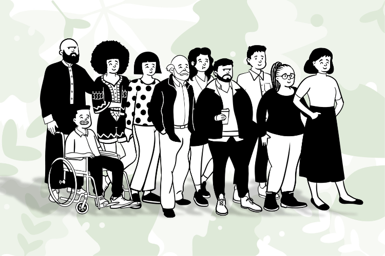 Black and white graphic of a group of people, on a green background