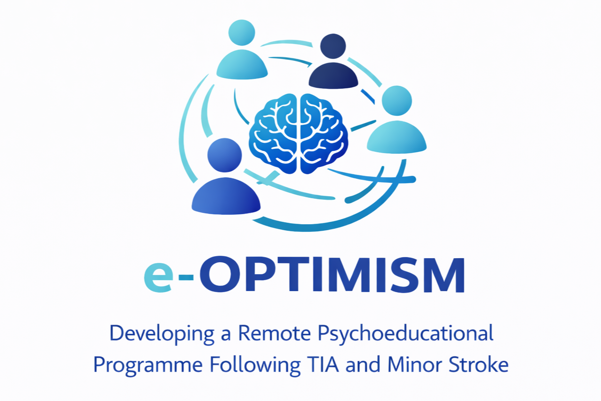 e-OPTIMISM logo. Graphic of a brain surrounded by outlines of people. 'Developing a remote psychoeducational programme following TIA and minor stroke'