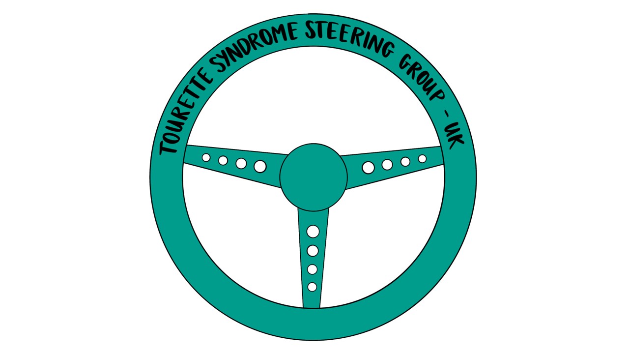 Steering group logo. Teal steering wheel with words 'Tourette Syndrome Steering Group - UK'
