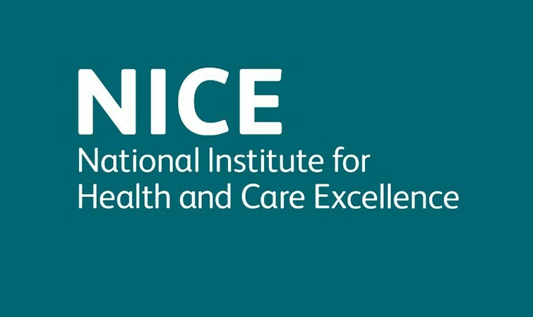white text on a teal blue background that reads NICE, National Institute for Health and Care Excellence