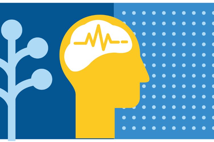 An illustration of a yellow head against a blue background