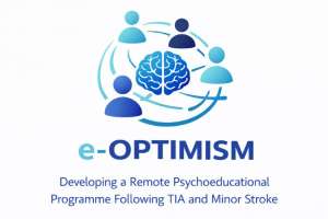 A graphic featuring an illustration of a brain in the centre of a circle. Around the brain are four head and shoulder figures, all in shades of blue. Text reads e-optimism